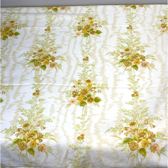 Vtg 70s Full Sheets Flat Fitted 2 Piece Set Green Gold Floral Bouquet Cottage - Picture 4 of 8